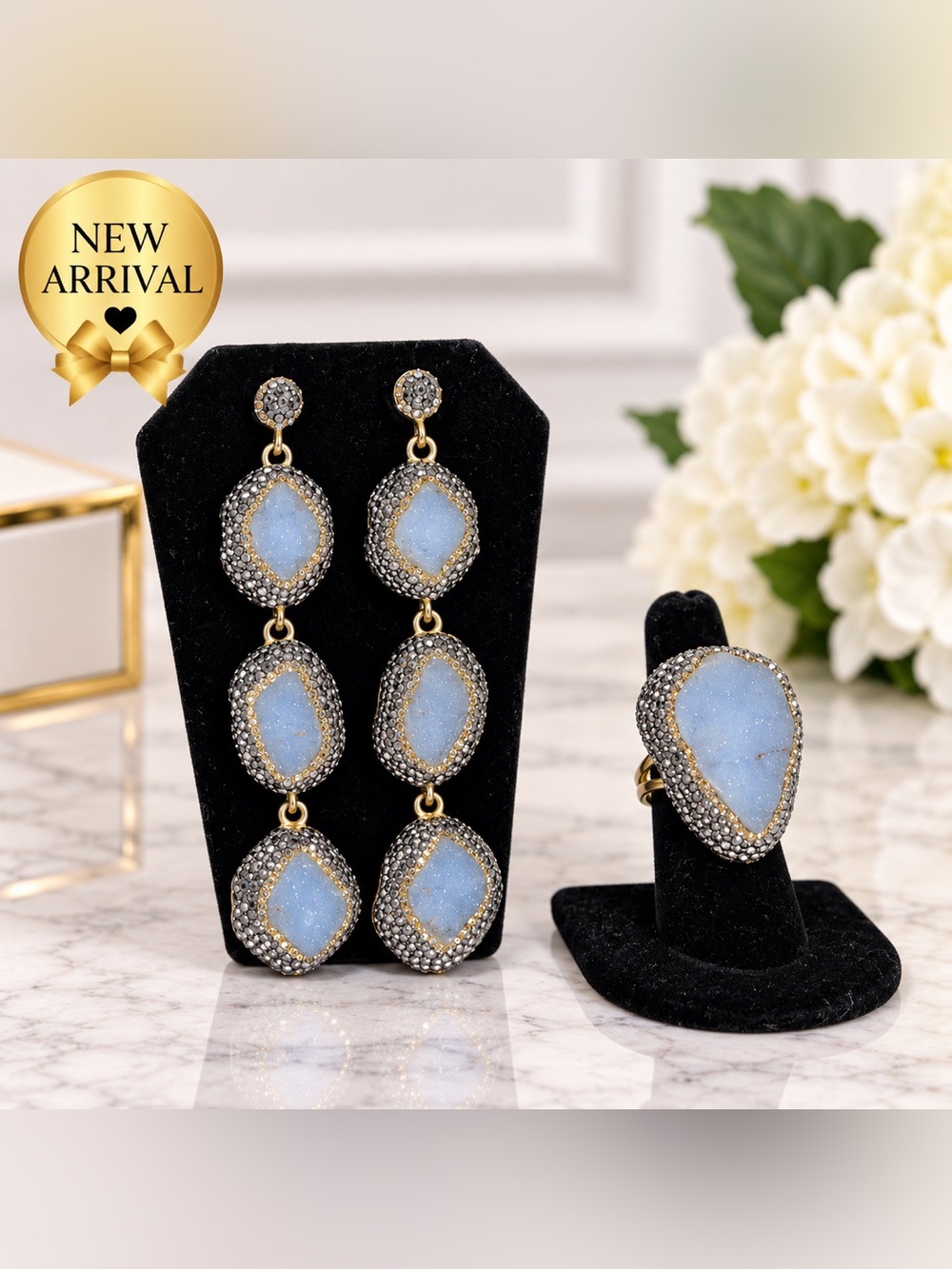 🩵Druzy-Style Stone Statement Earrings & Ring Set 🩵
